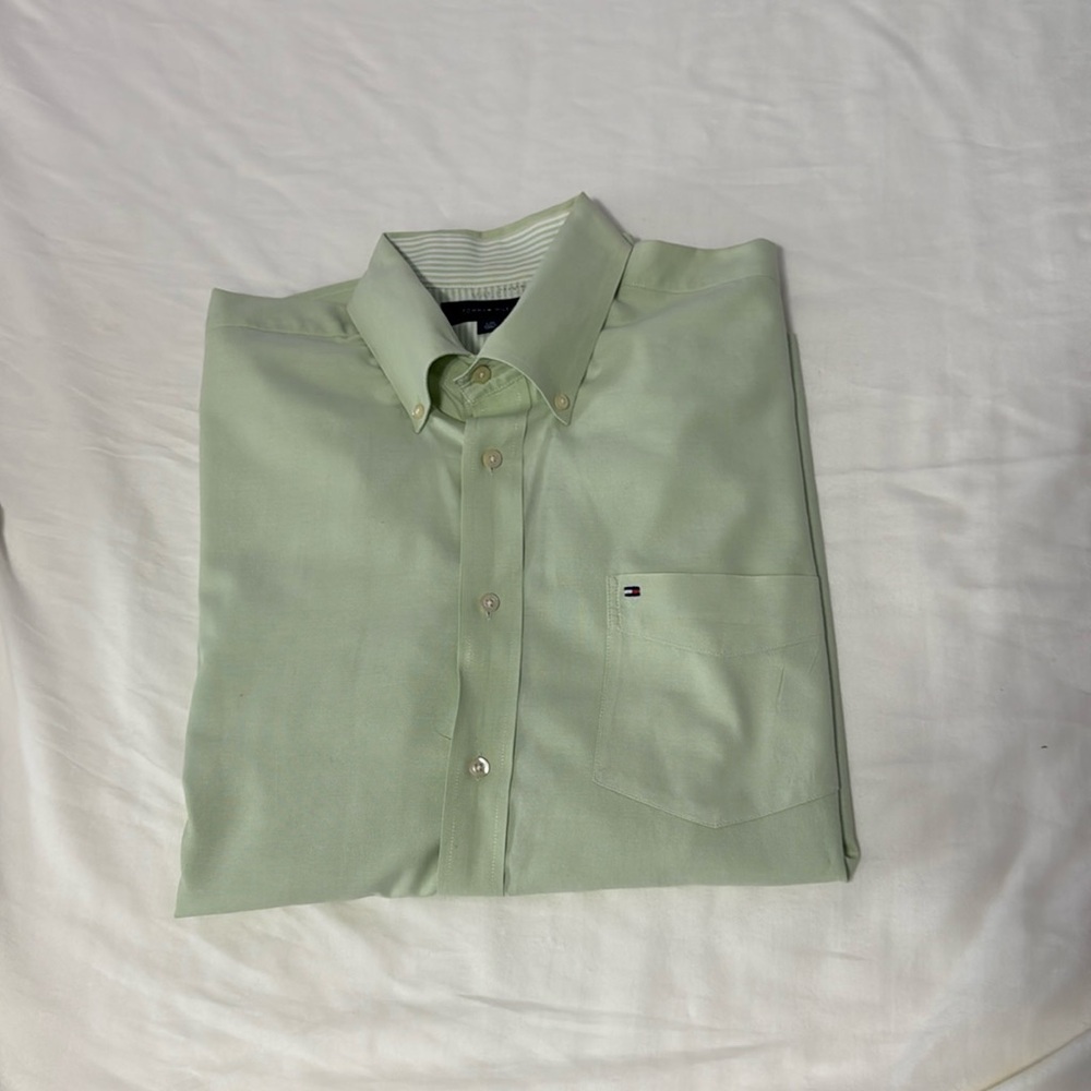 Men’s light mint green Tommy Hilfiger large dress shirt dry cleaned small stain